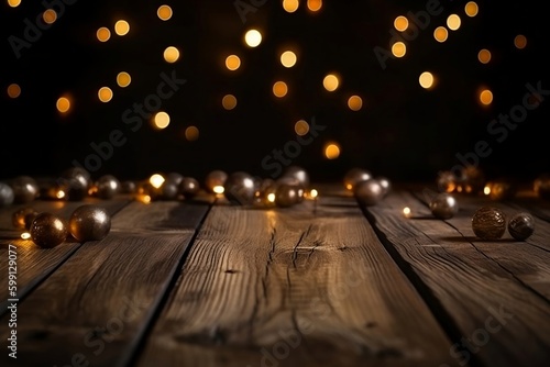 Christmas Bokeh Background, wooden background with bokeh, brown rustic wood - Backdrop for product presentation, Generative Ai.