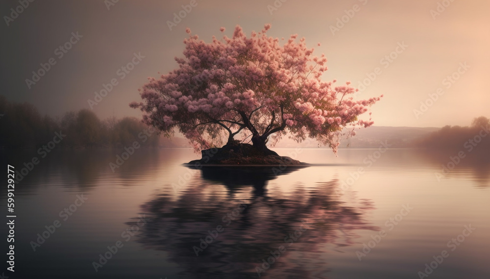 Tranquil scene, tree reflection, pink flower blossom generated by AI