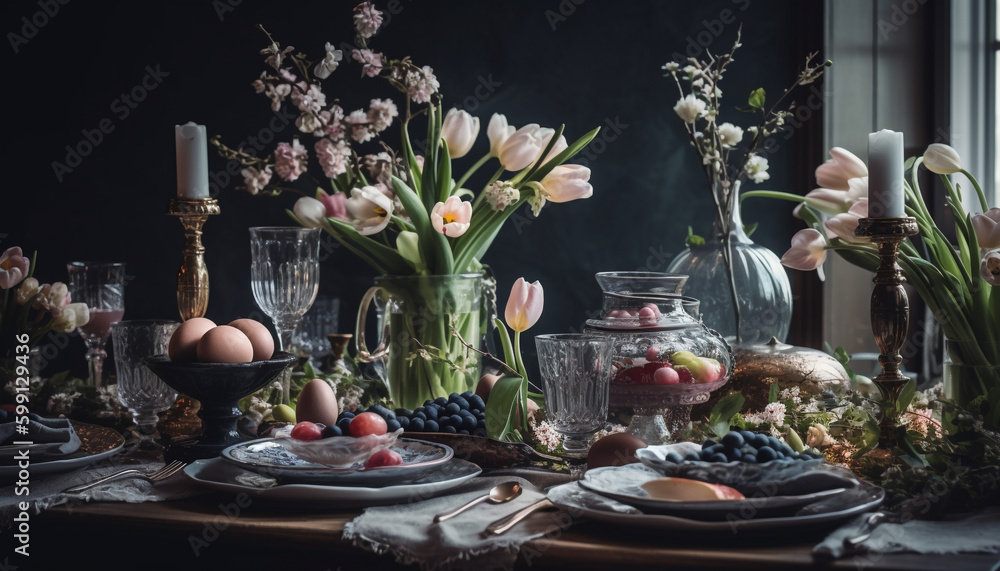Rustic table decor with fresh fruit arrangement generated by AI