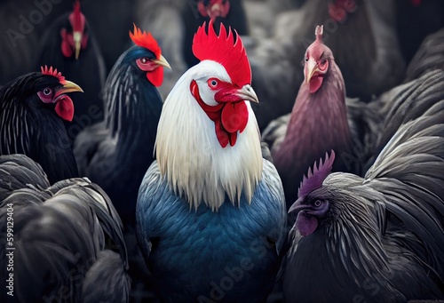 Rooster Standing Out In A Crowd Background Generative AI © Johnathan