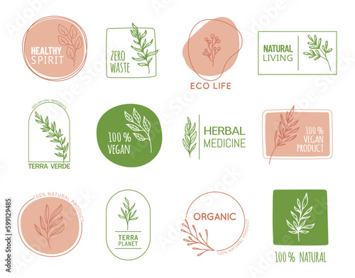 Organic food, nature icons for herbal medicine, healthy eco and natural vegetarian food, vector signs. Vegan health and 100 bio product label tags with green plant leaf for zero waste and green life