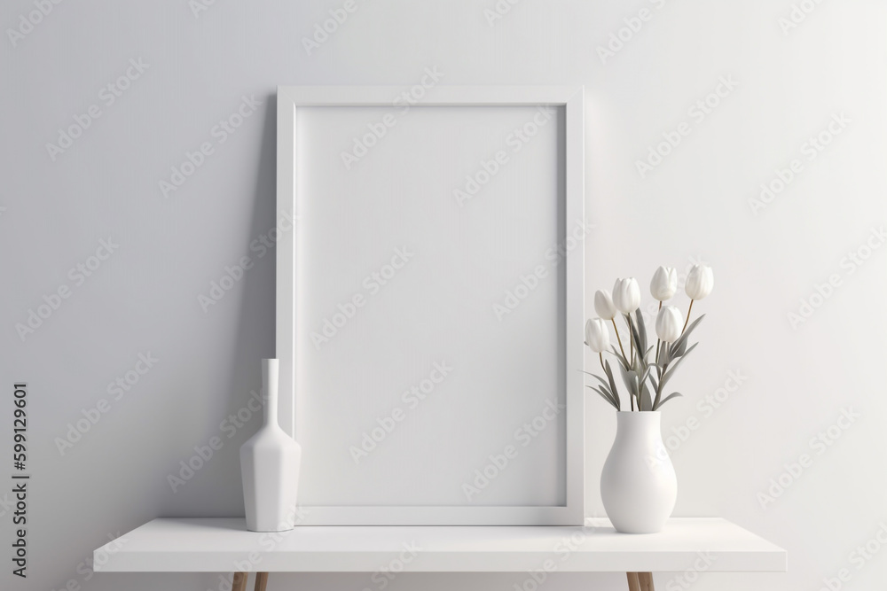white frame on a table with flowers. Generative Ai white frame on a table with flowers. Generative Ai