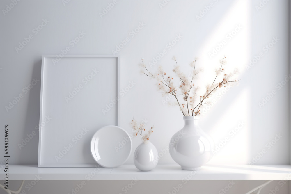 white shelf with vases and a frame. Generative Ai white shelf with vases and a frame. Generative Ai