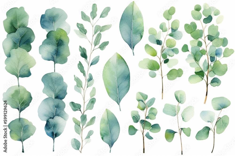 Eucalyptus leaves and branches watercolor style in different shades of green on white background. Ai generative