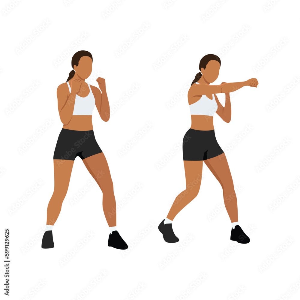 Young woman doing punching exercises. Fitness woman working on martial arts punches at a gym. Flat vector illustration isolated on white background Young woman doing punching exercises. Fitness woman working on martial arts punches at a gym. Flat vector illustration isolated on white background