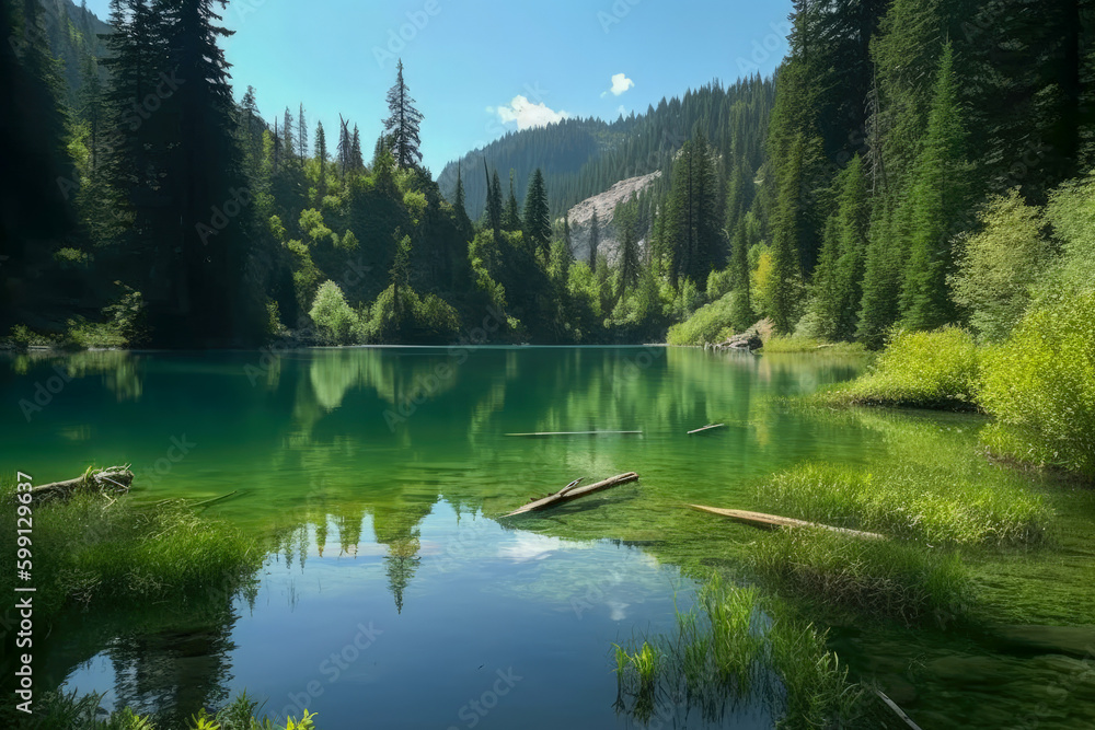 A serene lake nestled within a lush forest abundant with trees created with Generative AI technology