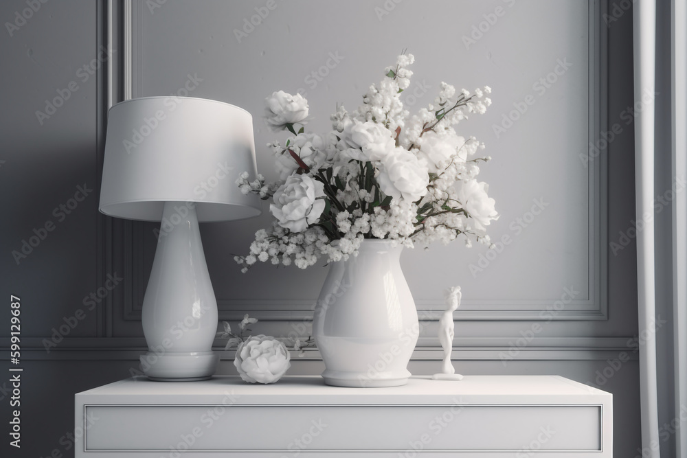 white dresser with flowers on it and a lamp. Generative Ai white dresser with flowers on it and a lamp. Generative Ai
