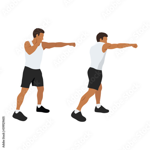Sporty man during boxing exercise making direct hit. Flat vector illustration isolated on white background