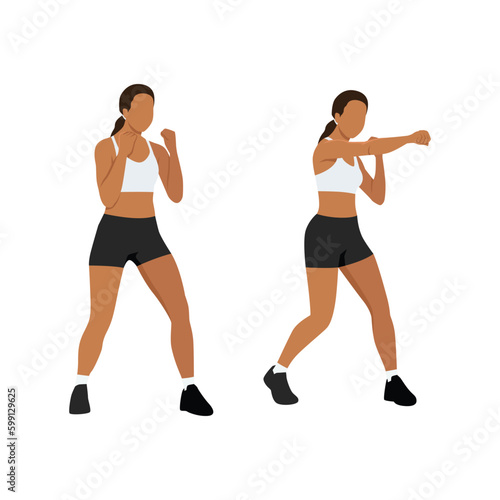 Young woman doing punching exercises. Fitness woman working on martial arts punches at a gym. Flat vector illustration isolated on white background