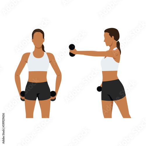 Woman doing jab cross exercise with dumbbell. Flat vector illustration isolated on white background