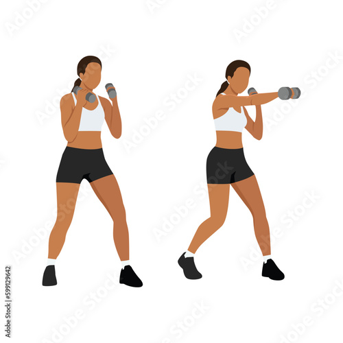 Young woman doing punching exercises. Fitness woman working on martial arts punches with dumbbell. Flat vector illustration isolated on white background