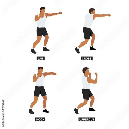 Man doing boxing moves exercise. Jab Cross Hook and Uppercut movement. Shadow boxing. Flat vector illustration