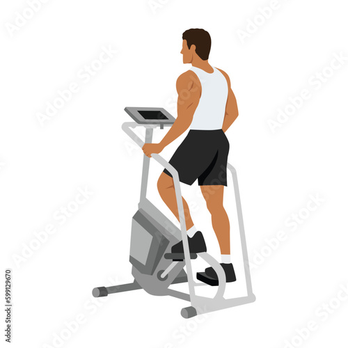 Man character doing Cardio, stair master or stair mill exercise. Flat vector illustration isolated on white background