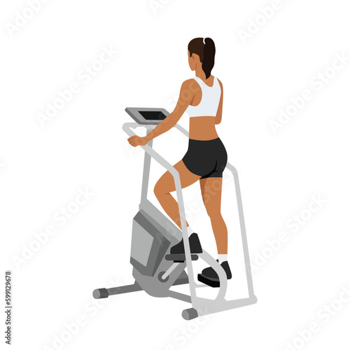 Woman character doing Cardio, stair master or stair mill exercise. Flat vector illustration isolated on white background