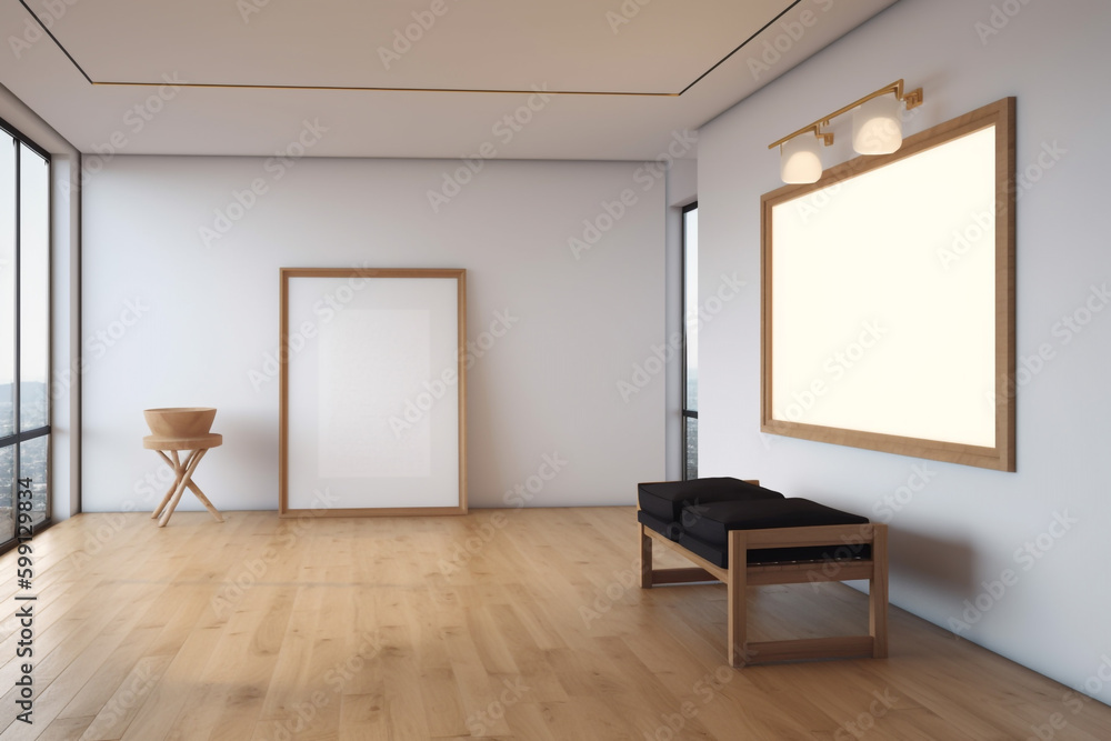 room with a large window and wooden floor. Generative Ai room with a large window and wooden floor. Generative Ai