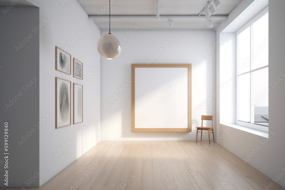 white room with a large window and wooden floor. Generative Ai white room with a large window and wooden floor. Generative Ai
