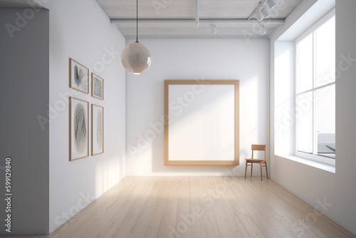 white room with a large window and wooden floor. Generative Ai