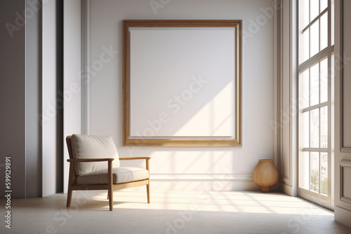 minimalist home interior design. white room with a large window and a chair. Generative Ai