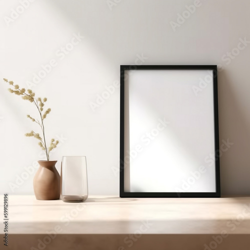 minimalist home interior design.  blank frame and vase on a table. Generative Ai © PETR BABKIN