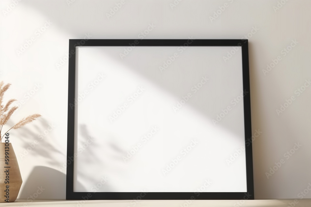 picture frame on a shelf next to a vase with a plant. Generative Ai picture frame on a shelf next to a vase with a plant. Generative Ai