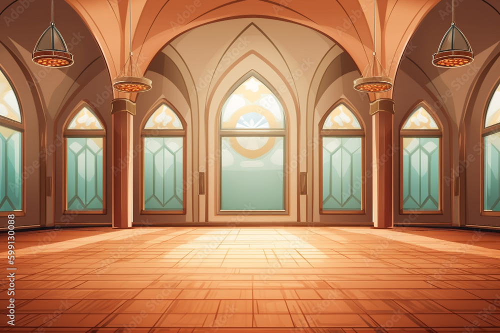 Empty mosque room with arched windows and wooden floors. Ai generative