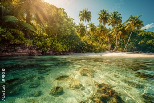 A bright and sunny tropical beach with crystal clear water and lush palm trees created with Generative AI technology