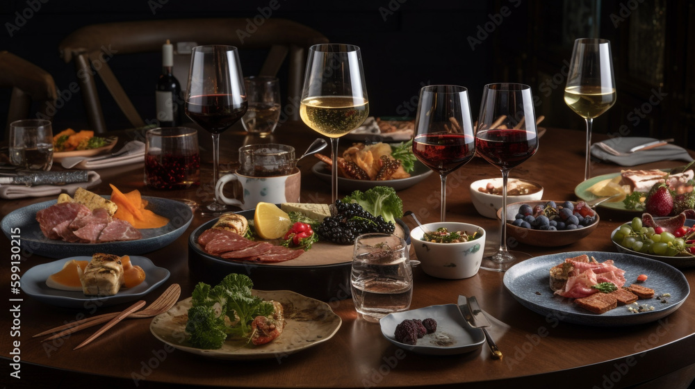 wooden table topped with plates of food and glasses of wine. Generative Ai
