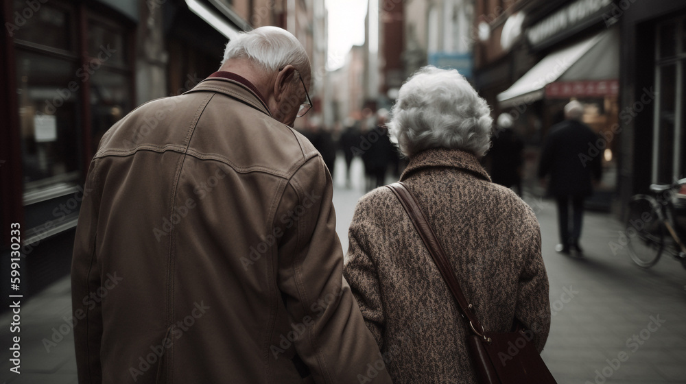 older couple walking down a city street. Generative Ai