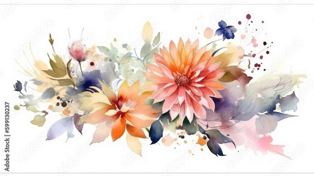 watercolor flowers on white background. Generative Ai