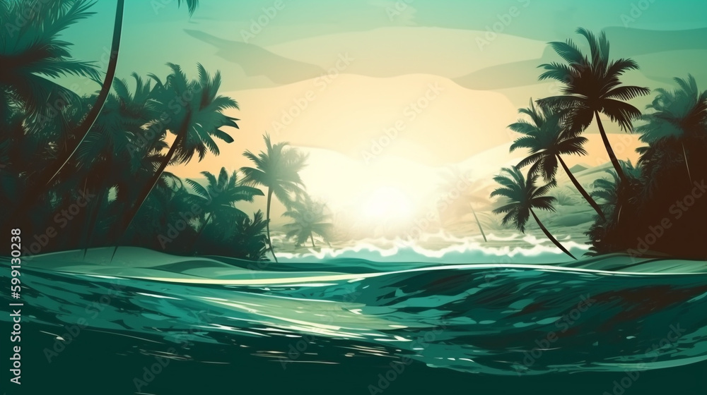 tropical landscape with palm trees and waves on a sunny day. Generative Ai