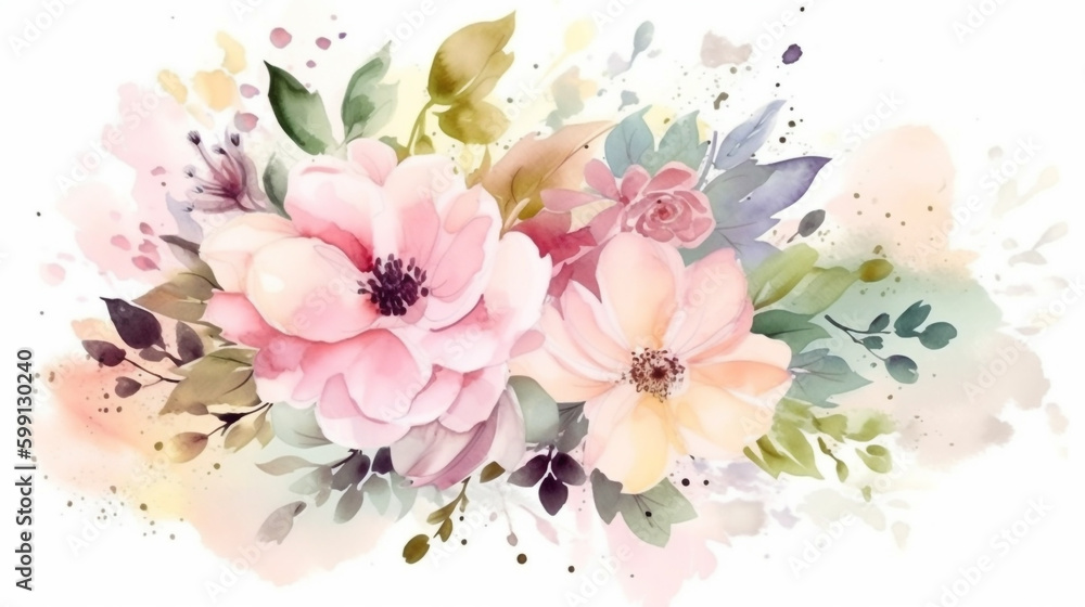 watercolor flowers on a white background square cutout. Generative Ai