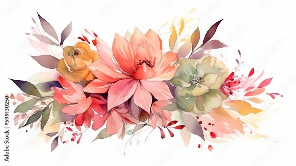 watercolor flowers on white background with leaves. Generative Ai