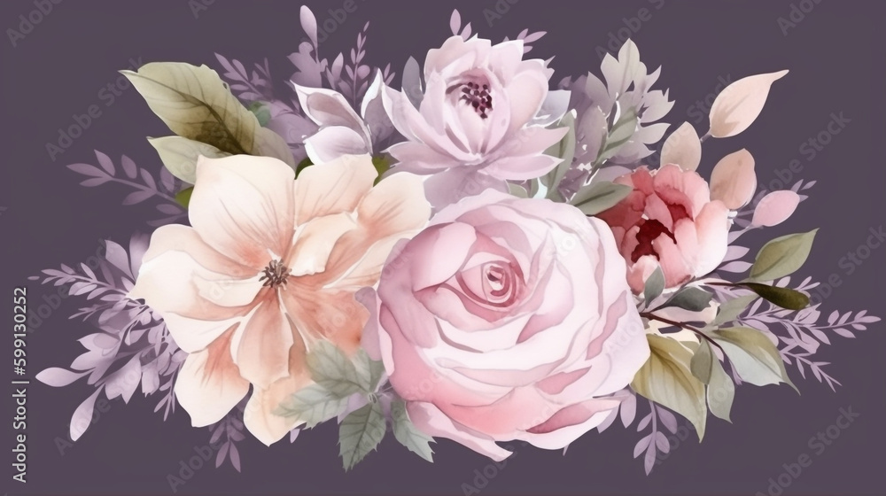 Watercolor bouquet of roses on a lilac background. Generative Ai