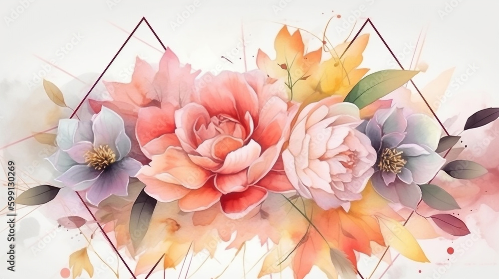 watercolor flowers and leaves with geometric pattern. Generative Ai
