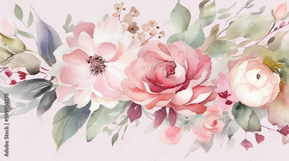watercolor floral frame with pink and green flowers. Generative Ai