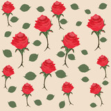 A seamless pattern of red roses with green leaves on a beige background.