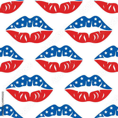 American flag color lips seamless vector pattern. Bright blue-red kiss with white stars. USA Independence Day  July 4th. Traditional national holiday. Flat cartoon background for posters  print  web