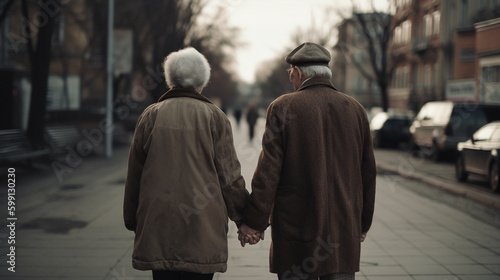 older couple holding hands while walking down the street. Generative Ai © PETR BABKIN