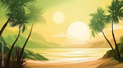 tropical sunset with palm trees and a beach. Generative Ai