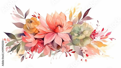 watercolor flowers on white background with leaves. Generative Ai © PETR BABKIN