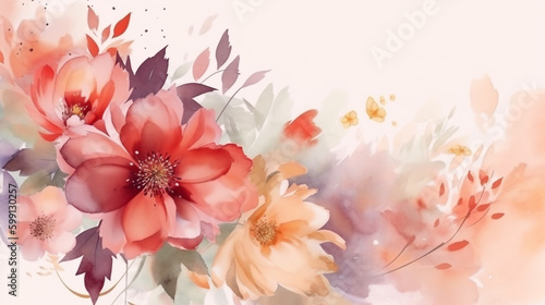 watercolor flowers leaves on white background. Generative Ai