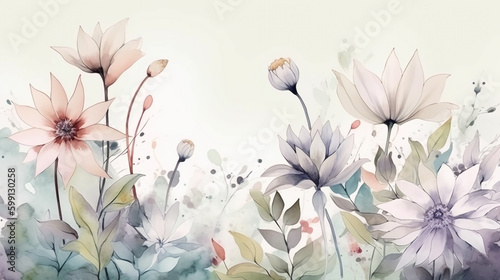 watercolor flowers leaves on white background. Generative Ai