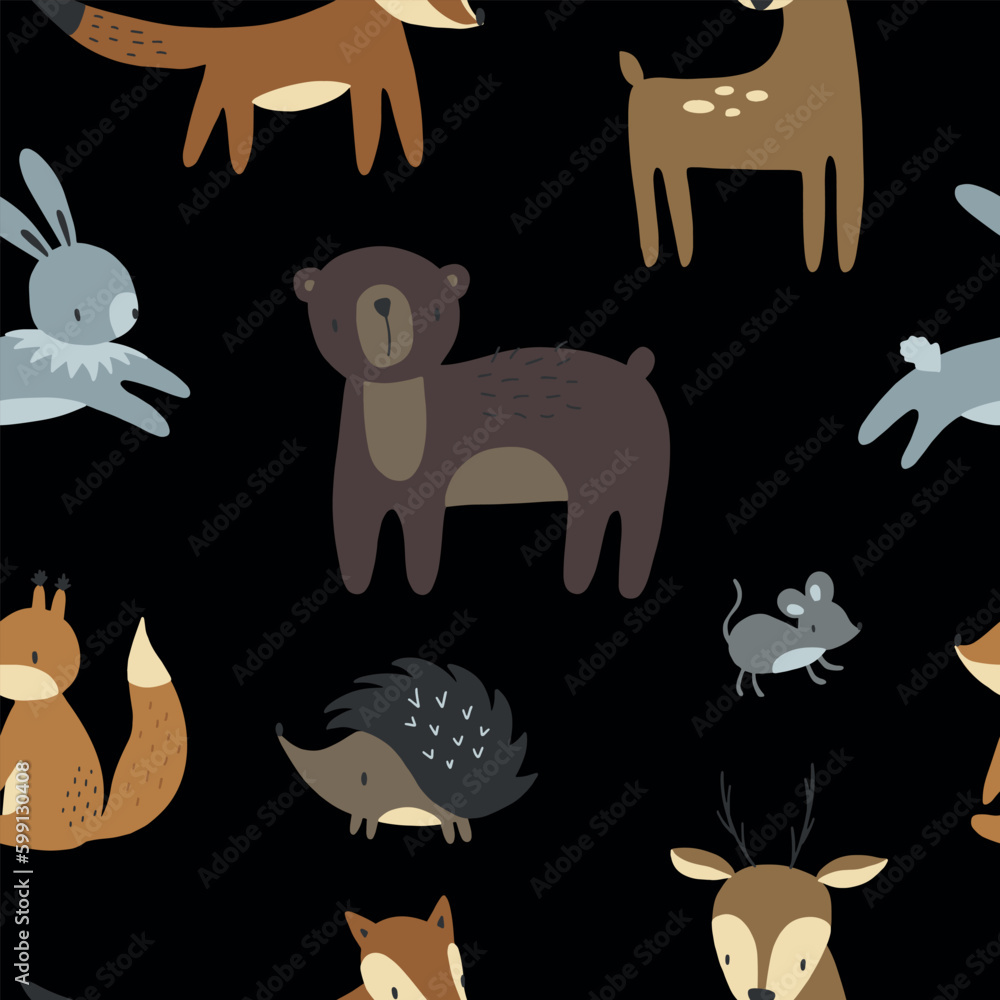 Forest seamless pattern with cute animals - elk, bear, rabbit, hedgehog and fox. Vector illustration