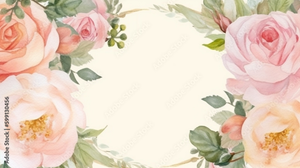 floral frame with pink roses and leaves. Generative Ai