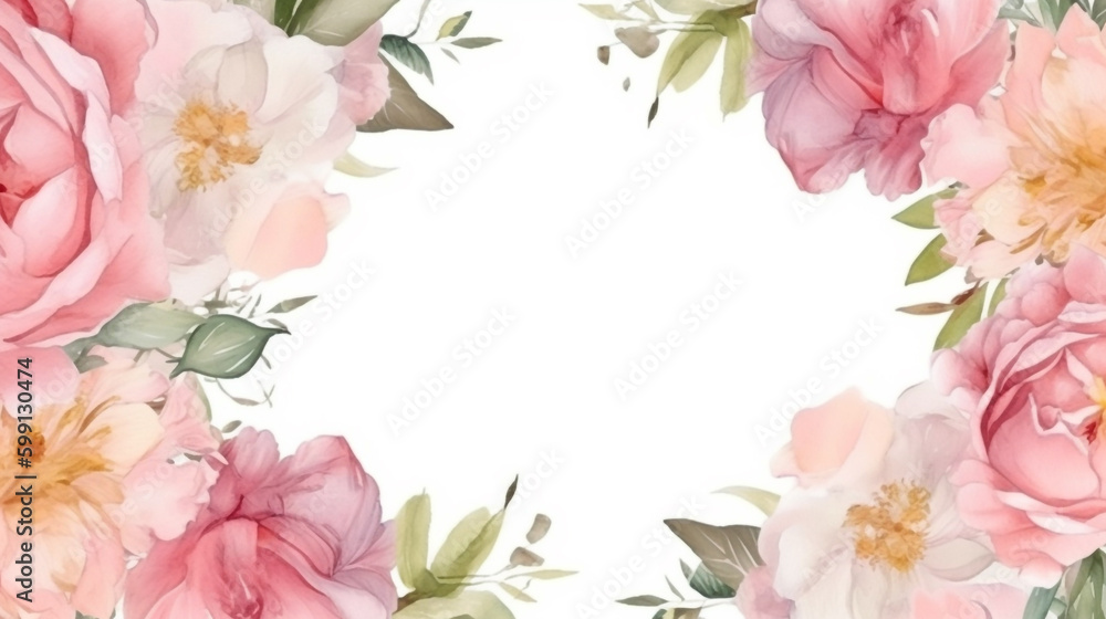 watercolor floral frame with pink roses and leaves. Generative Ai