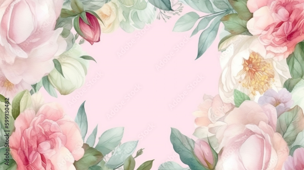 pink and green floral frame with leaves and flowers. Generative Ai pink and green floral frame with leaves and flowers. Generative Ai