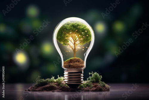A light bulb with a tree growing in it. Technological convergence and digital convergence. Ai generative