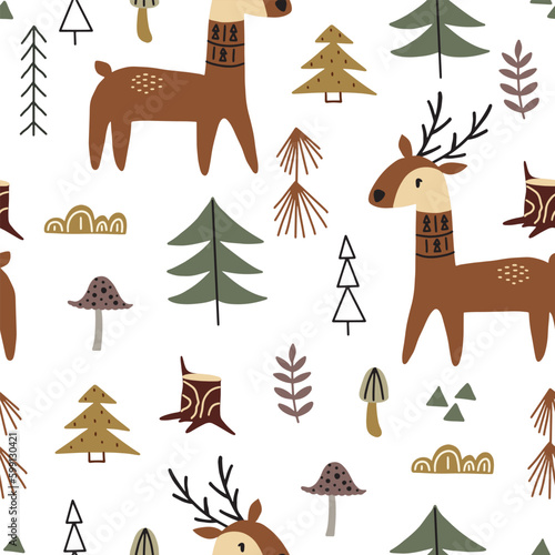 Seamless pattern with cute deer in the forest. Vector illustration isolated on white background for nursery and textile decoration