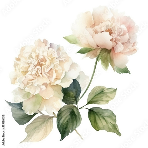 two peonies are shown on a white background. Generative Ai