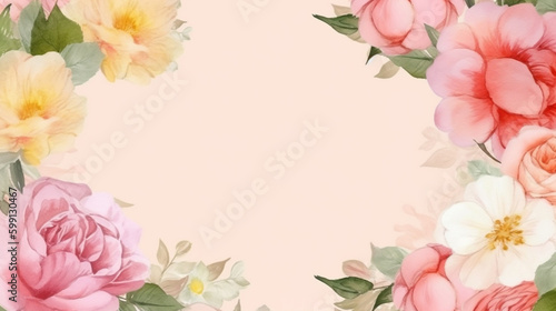  pink and yellow floral background with leaves. Generative Ai